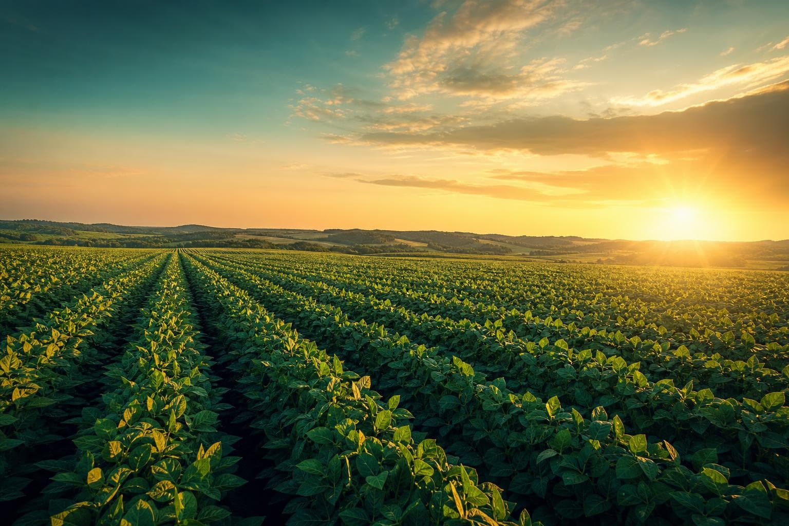Campo agrícola próspero ao amanhecer